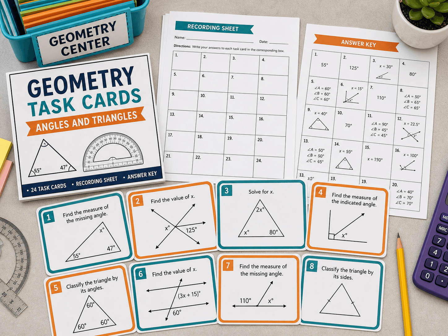 Geometry task cards with angle diagrams, a recording sheet, and an answer key