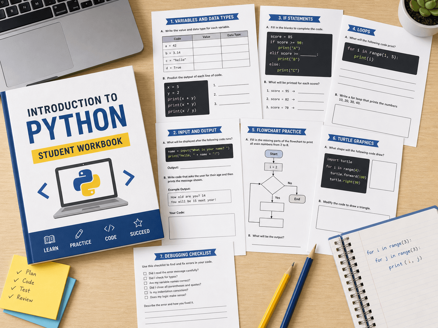 Python student workbook with guided code exercises and a flowchart activity