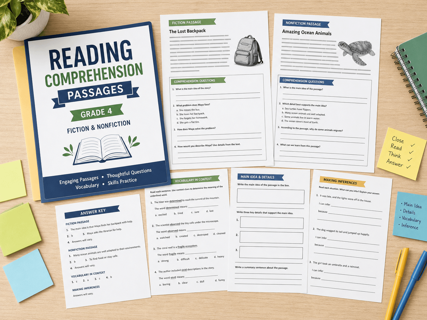 Reading passages, comprehension questions, and answer pages shown before purchase